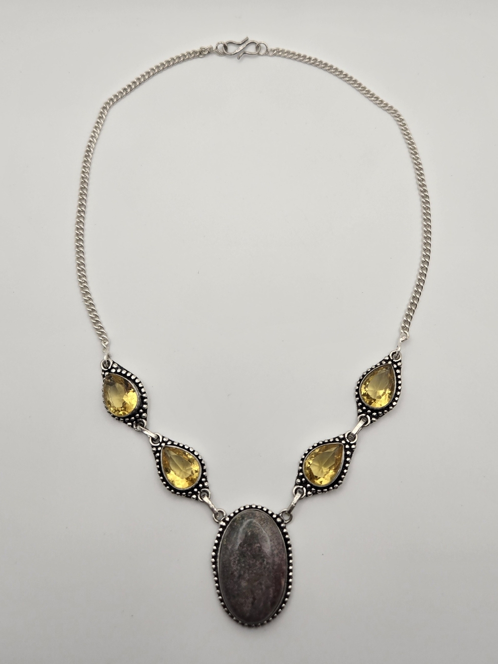 Silver Yellow Citrine Teardrop & Multicolor Stone Necklace